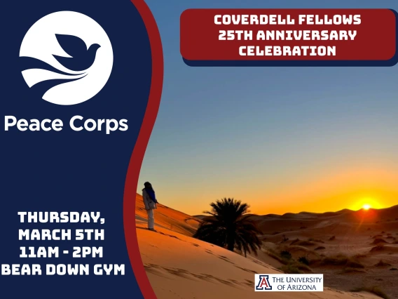 Peace Corps Fair Save the date flyer for Thursday March 6th 11AM - 2PM. Includes photo of desert sunset and logos for Peace Corps, UA, PC Prep, and Coverdell.